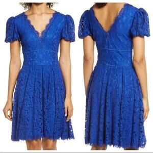 SHO by Tadashi Shoji Britt Blue Puff Sleeve Lace Knee Length Dress 6